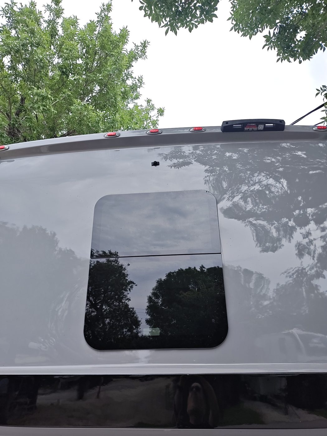 Rear of the Tiffin showing the camera location and center upper marker light